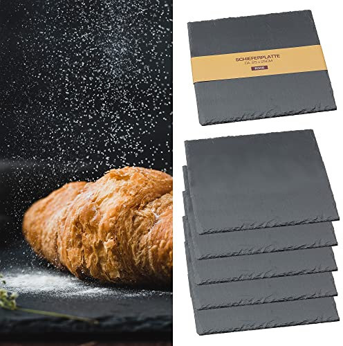 Cepewa Schieferplatte 6er Set | quadratisch 25x25cm Filzschonern | Tischuntersetzer Steinplatte Servierplatte Untersetzer (1 x 6er Set Schieferplatte 25x25cm)