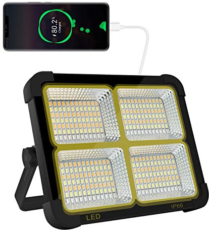 iodoo CosyEasy Projecteur LED Rechargeable 100W 10000LM, Lumière de Travail Lanterne Portable avec Panneau Solaire, 16500mAh USB Lampe Rechargeable, pour Camping, Chantier, Garage, Atelier