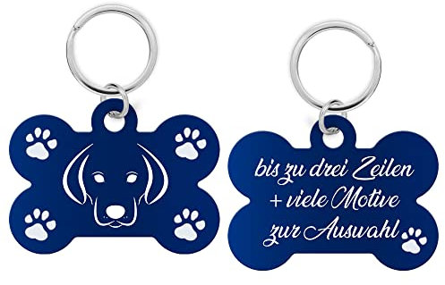 Aluminium Hundemarke Hundeknochen mit Gravur - personalisiert hochwertiger Lasergravur, Adressanhänger Hund für Hunde oder Katzen (dunkelblau), PIU-HM-KNO-01, 39x26x1 mm