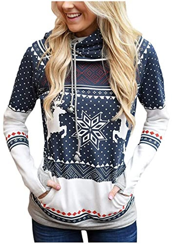 PAIDAXING Damen Pullover Lustige Motiv Herbst Bedruckte Frauen Lässige Ärmel Tasche Weihnachten Lange Winter Pullover Mit Kapuze Frauen Hoodies & Sweatshirts Freiwild Hoodie (Dark Blue, S)