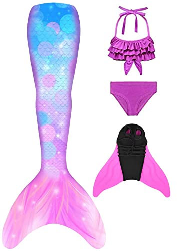 DNFUN Meerjungfrauenflosse Mädchen Meerjungfrauenschwanz Bikini mit meerjungfrau Flosse Kinder zum Schwimmen 4 Stück Set