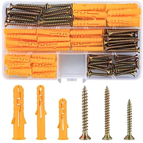110 Pcs Screws and Wall Plugs Set(55 x Masonry Screw, 55 x Expansion Anchor Bolts), M6 M8 Wall Plugs and Screws, for Brick Concrete Drywall Self Tapping Screw and Wall Plug