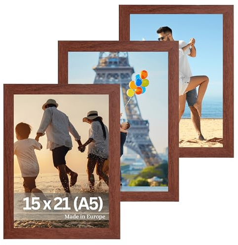 VictoR Bilderrahmen Dix 3er Set 15x21 cm (A5) in Braun - moderner Holzrahmen mit bruchsicherem Acrylglas - Bilderrahmen Braun 15x21 - Fotorahmen Holz
