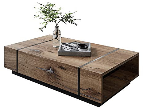 lukmebel Onyx Loft Couchtisch Sehr Langlebig Resistant Flagstaff Eiche 104x65x36,5 Push-to-Open System auf Sockel