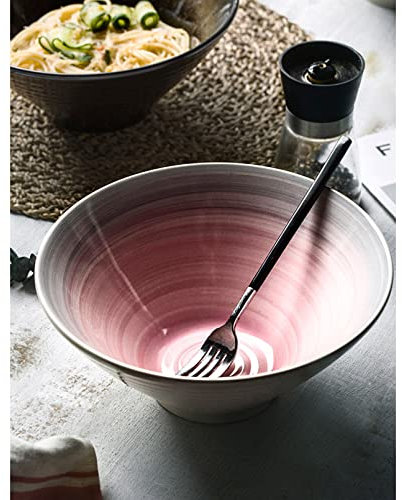 Cutfouwe Large Ceramic Japanese Style Ramen Noodle Soup Bowl, 50.7 Ounce Japanese-Style Kitchenware, Large Ridged Ceramic Bowl for Udon Soba Pho Asian Noodles,Pink