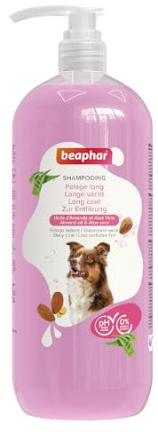 BEAPHAR – Shampooing Essentiel Pelage Long pour Chien – Extra-Doux – Pelage Brillant – Anti-Noeuds – Contient Huile d'Amande et Aloe Vera – sans parabène ni Silicone – pH Neutre – Produit Vegan – 1L