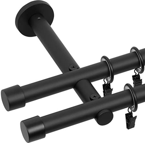 RENA Gardinenstange Vorhangstange 2-läufig - 19 mm - aus Metall - Lautlose Rollen - Komplettset - Schwarz Matt 240cm |Luna