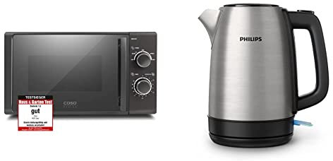CASO | M20 EASY Mikrowelle & Philips Wasserkocher – 1.7 L Fassungsvermögen mit Kontrollanzeige, Edelstahl, Pirouettenbasis (HD9350/90) 2200 Watt, 23 x 15.6 x 24.3 cm, Schwarz (EU-Stecker)
