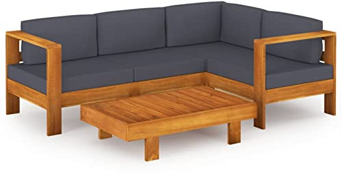 Yolola 5-TLG Gartenmöbel Set Holz, Garten Loungemöbel Set, Balkon Lounge Klein, Sitzgruppe Gartenmöbel, Outdoor Sofa,Ecksofa Garten Gartengarnitur Terassenmoebel Set mit Massivholz Akazie Dunkelgrau