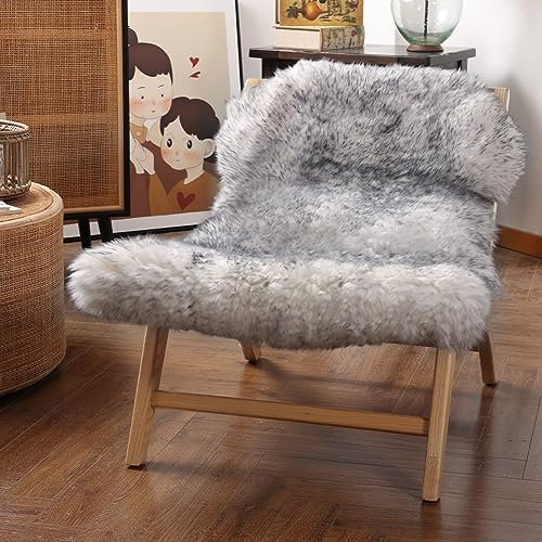 IRIWOOL Hochwertiger echter Schaffellteppich, australischer Schaffell, natürlich, flauschig, Lammfell-Teppich, Kinderzimmerteppich, Sofa-Sitzbezug und Stuhlbezug (graue Spitze, doppelt Zinn/60 x 90 cm