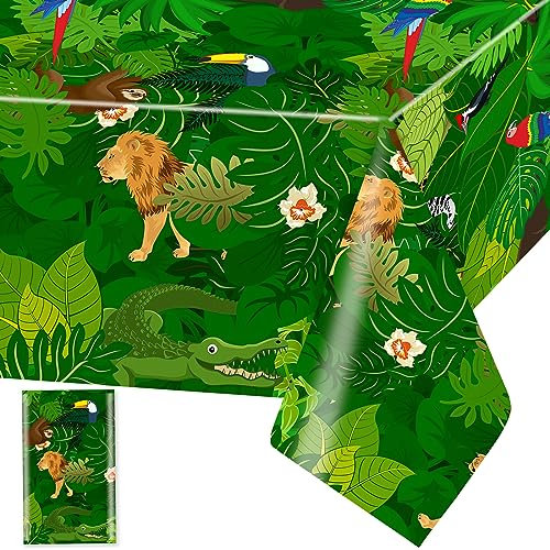 Dschungel Tischdecke Safari Tiere Tischdecken Grüne Tropisch Tischtuch Rechteckige Wasserdicht Palmenblätter Tiere Motiv Sommer Kinder Geburtstag Party Dekoration, 137 x 274cm, 1 Stück