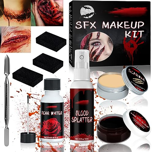 FAMKEEP Halloween Schminke Set,mit Schwamm, False bandage,Hautwachs,Kunstblut Sprühen,Verkrustetes Kunstblut,Spachtel,für Halloween Themenparty Zombie Vampir Wunden Narben Schminke Maskerade
