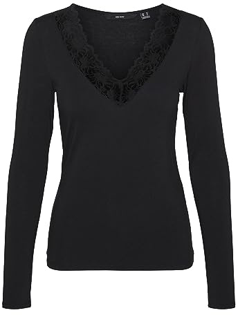 VERO MODA Damen Bluse Slim Fit V-Ausschnitt Spitzen-Detail Basic Langarm