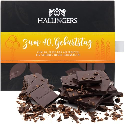 Hallingers Genuss Manufaktur Vegane Schokolade Geburtstagsgeschenk - Tafel aus handgeschöpftem Edelkakao ohne Alkohol edler Karton Zum 40. Geburtstag Pur 85%, Geschenke für Frauen Männer