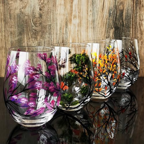 HEAMOS Four Seasons Tree Wine Glasses - Hand Painted Art, Spring Summer Winter Fall Colored Painted Glassware Decorative Wine Glasses Set, Unique Housewarming Gift (Stemless Glass, Set of 4, 520ml)
