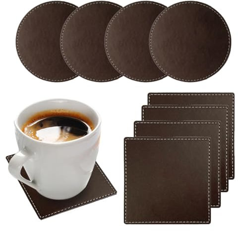 Leather Coasters, 8 PCS Dual Sided Faux Soft Leather Coaster Non Slip Cup Pad Mat Brown Drinks Mug Coaster Set for Coffee Beer Mug Wine Glass Bottle Home Bar (Round, Square)