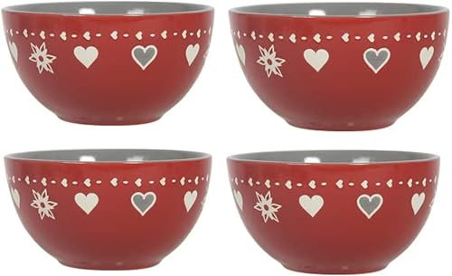 Anytime Set of 4 Red Ceramic 450ml Heart Design Cereal Bowls. Microwave and Dishwasher Safe