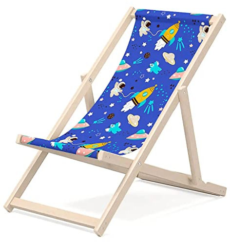 Outentin Kinder Liegestuhl für Garten - Premium Kinderliege Holz für Balkon und Strand - Kinderdeckchair - Modernes Design - Kinderstrandliege Outdoor - Motiv Kosmos