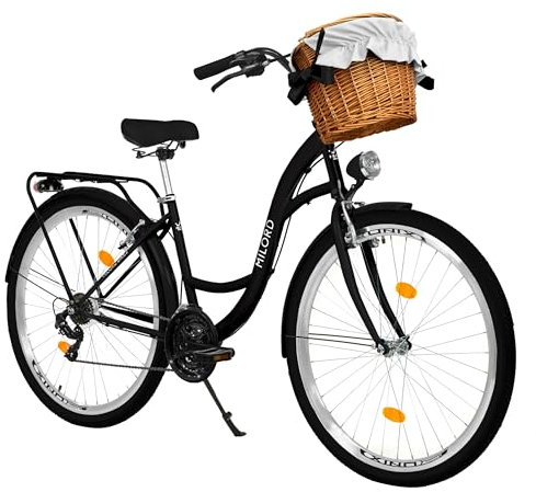 Balticuz OU Milord Komfort Fahrrad, Weidenkorb, Hollandrad, Jugendfahrrad, Citybike, 24 Zoll, Schwarz, 21-Gang