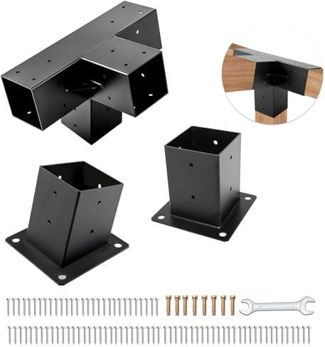 TOPTGO 3 PCS Pergola Brackets Kit,15° 4-Way Slanted Roof Pergola Bracket Set 4x4 (Actual: 3.5x3.5 in),Angle Corner Bracket with Post Base for Wooden Beams Lumber Gazebos Patio Pergola Sheds