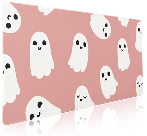 Grand tapis de souris d’Halloween pour gaming motif fantôme mignon et effrayant, dos antidérapant en caoutchouc et bords cousus, rose/blanc, taille XXL, 90 x 40 cm