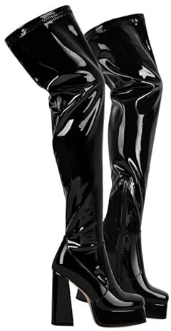 VERISSON Plateau Overknee Stiefel Damen Eckige Lackstiefel Blockabsatz Thigh High Boots Schwarz 43 EU