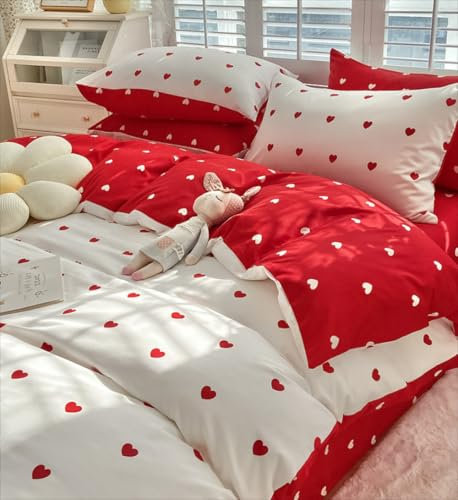 Freyamy Housse de Couette 220x240 Amour Rouge Parure de lit 2 Personne en Microfibre avec Fermeture Éclair Réversible Sets de Housse Couette Cœur avec 2 Taie d'oreiller 65 x 65cm pour Filles Enfants