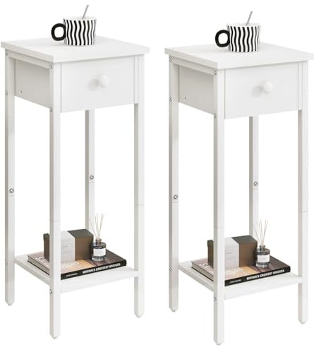 IBUYKE Juego de 2 mesitas de noche delgadas con cajón, mesa de teléfono para espacios pequeños, 25 x 25 x 70 cm, mesa auxiliar pequeña para dormitorio, sala de estar, pasillo, color blanco TMJ417W-2