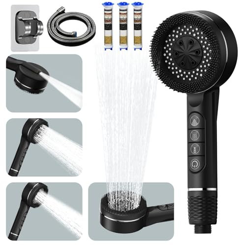 High Pressure Shower Heads, Hard Water Filter Shower Head with 1.5m Shower Hose and Shower Stand, 4 Mode Power Shower Head with Pause Switch, Shower Pro Head Showerhead with Water Filter, Black