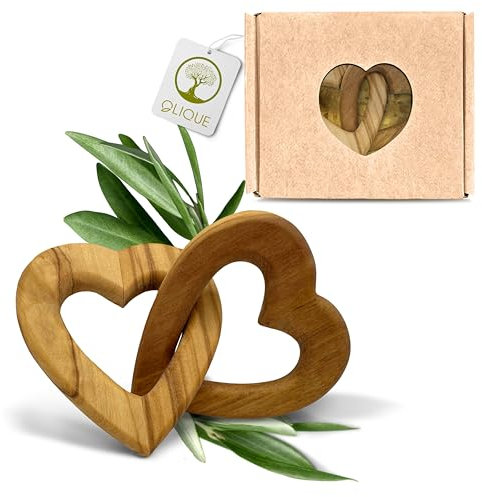 Holzherzen, Olivenholz - Verbundene Holz Herzen als individuelles Geschenk zur Hochzeit, Hochzeitstag oder Verlobung (5 cm)