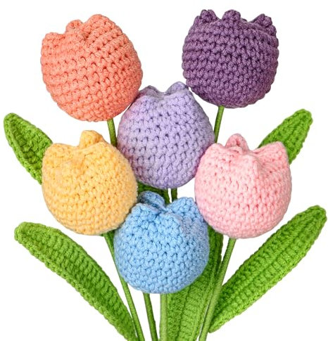 DEMIUKO 6 Pezzi Uncinetto Tulipano Artificiale Fiori Finti Finito Uncinetto Crochet Fiori Set Uncinetto Piante Finti Tulipano Bouquet Fiori Regalo per Gli Amici Famiglia Ufficio Vaso Decorativo