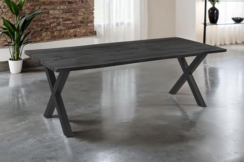 SAM Esstisch Josy | 220 x 100 cm | Holz-Optik in Grau | X-Gestell Metall schwarz | 40 mm Tischplatte mit Baumkante | Tisch für Esszimmer & Küche