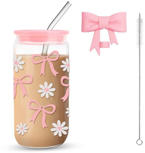 FIDWALL Vaso 16oz/500ml de cristal con tapa y pajita, estético con lazo para café helado, matcha, batidos cristal con tapa y pajita (Vaso Lazo y Flores)