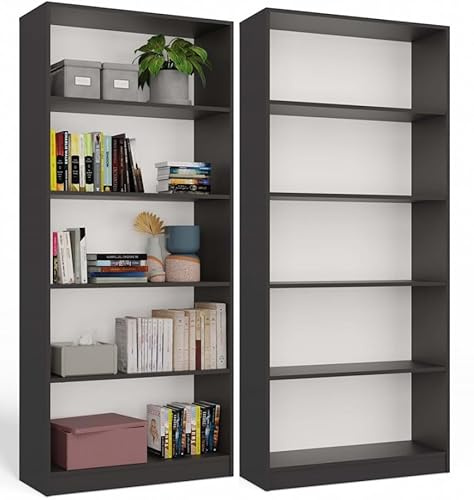 BDW Onyx 80 Bücherregal, 5 Fächer, 80x30x182cm, Standregal, Dokumentenregal, Wandregal, Raumteiler, Büroregal, Multifunktionsregal, aus Spanplatte (Anthrazit)