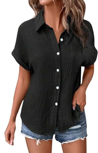 Damen Lässig Solide Farbe Doppel Crinkle Stoff Blase Falten Ärmel Button Down Shirt Tasche Damenblusen, Lässige Oberteile, Gepatchtes Hemd, Lässiges Arbeits-T-Shirt