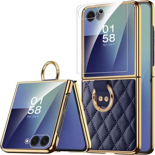 Miimall for Samsung Galaxy Z Flip 7 Case Leather, [Built-in Outer Screen Protector] [Ring Holder] Shockproof Anti-Scratch Anti-Skid Women Full Coverage Protective Cover for Samsung Flip 7-Blue