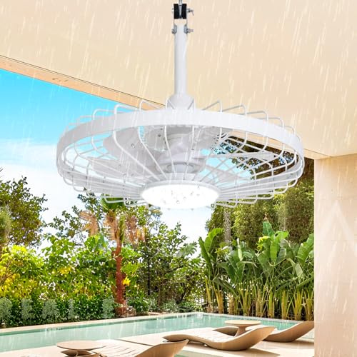Depuley Outdoor Ceiling Fan with Light: 20 Inch White Waterproof Gazebo Fans with Lights Outdoor Hanging - Plug in Remote App Control Caged Fans for Patios Pergola Porch Canopy