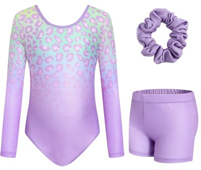 JiAmy body ginnastica artistica ragazza per 3-12 anni | Tuta da danza con glitter, abbigliamento sportivo con pantaloncini e scrunchie, per bambine dai 3 ai 12 anni