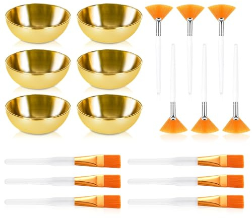 18Pcs Esthetician Facial Supplies Set, Facial Mask Mixing Bowl Set | 6 Gold Stainless Steel Face Mask Bowl, 6 Facial Fan Brush & 6 Flat Brush, Face Mask Applicator Essential Tool for Women Spa