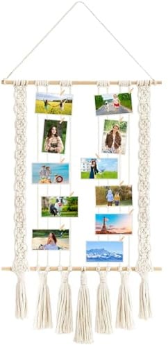 Dwitkul Fotovorhang zum Aufhängen Bilderrahmen mit Klammern und Leine Fotoseil Fotohalter Boho Fotowand Fotogirlande Handgefertigte Makramee-Fotorahmenwand mit Fransen Fotoleine Wanddekoration