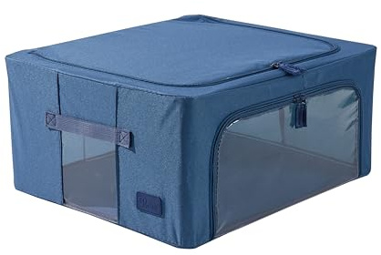 Periea ‘Beau’ Folding Collapsible Stackable Fabric Home Storage Boxes with Steel Frames (Stone Blue, Medium)