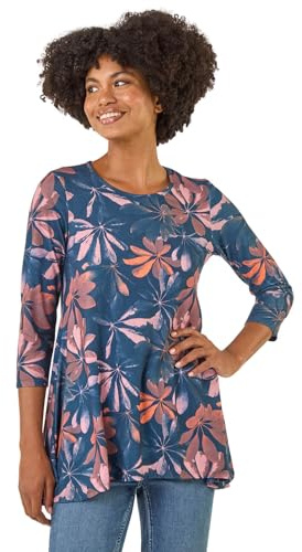Roman Originals Hanky Hem Tunic Top for Women UK - Ladies Longline Blouse Asymmetric Hemline Casual Slouch Loose 3/4 Sleeves Round Neck Relaxed Comfortable Holiday - Blue Coral - Size 18