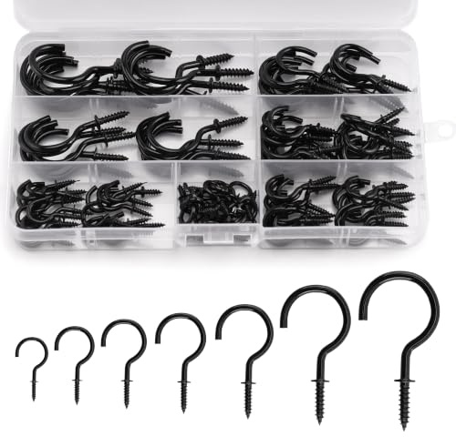 KINGLAKE 115 Pcs Black Screw in Hooks (7 Sizes), Mug Cup Hooks Wall Ceiling Hook for Wood, Under Cupboard, Cabinet Shelf, Hanging Plant and Kitchen Utensils