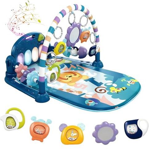 LN COZY CORNER Baby Play Mat Gym, 6-Mode Activity Mat with Kick-Activated Piano & Lights, with 5 Infant Sensory Baby Toys Extra Guardrail, Tummy Time Mat for Newborn Infants 0-12 Months (Blue)