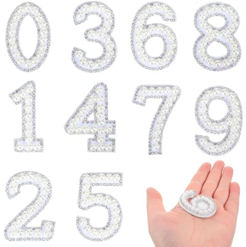 Iron on Numbers,White 0-9 Number Iron on Patches Pearl Rhinestone Stickers for DIY Team Uniforms Sports T-Shirts Hats Bags Jeans Jackets Clothing Backpack