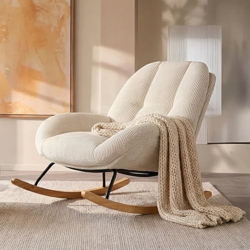 MEUBLE Cosy Sillas Mecedora Escandinavo Sillón Relax Especial Lactancia para Salón Dormitorio Lectura Sala de Estudio, Asiento Extra Ancho en Tela de Pana, Beige