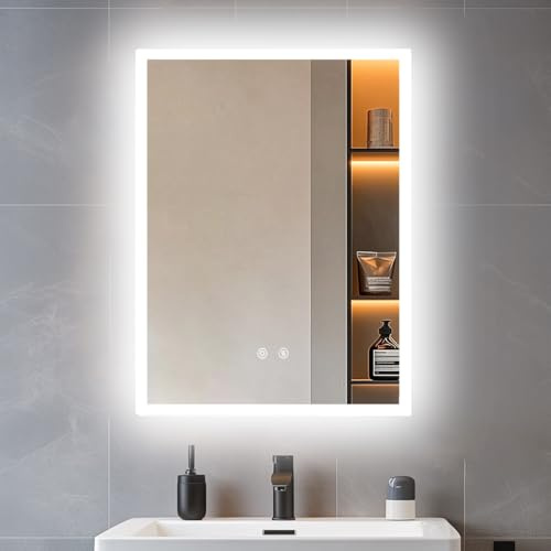 LUVODI Bathroom Mirror with LED Lights, 60x45cm Dimmable 3-Colour Anti-fog | Illuminated Rectangualr Wall Vanity Mirror, Brightness Adjustable, Memory Function