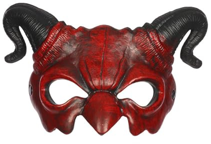 WAZHAKU Krampus Kostüm Dämonenmaske Horror Halbgesicht Maske Rot Halbgesicht Widder Horn Teufel Maske Teufelsmaske Halloween Halbmaske Dämon Faschingsmasken für Halloween Cosplay Karneval Kostüm