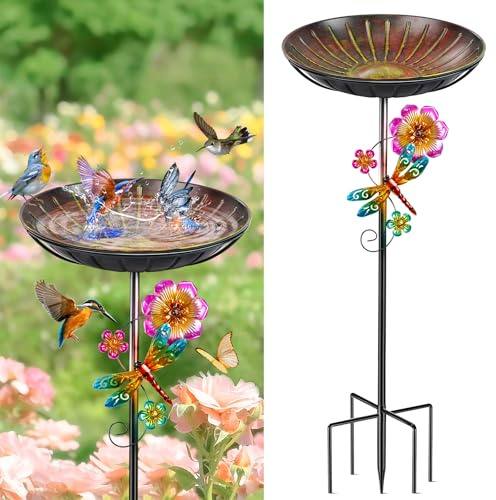 Metal Bird Bath for Garden, 38In Freestanding Birdbaths & Supports, Bird Bath Feeder Bowl with Upgraded 5-Pronged Base for Outdoor Garden Patio & Lawn Decor (Vintage Red-Yellow)