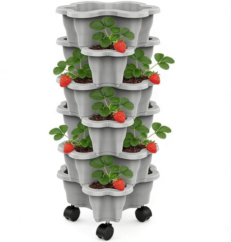Lebkumas Tour De Plantation De Fraises Empilable À 6 Niveaux avec roulettes, Jardinière Verticale Empilable, Pot De Fleurs Multicouche en Résine, Pot De Plantation De Légumes pour L'extérieur Maison
